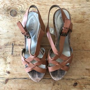 Guess Woven Tan/Brown Leather Wedge Sandals